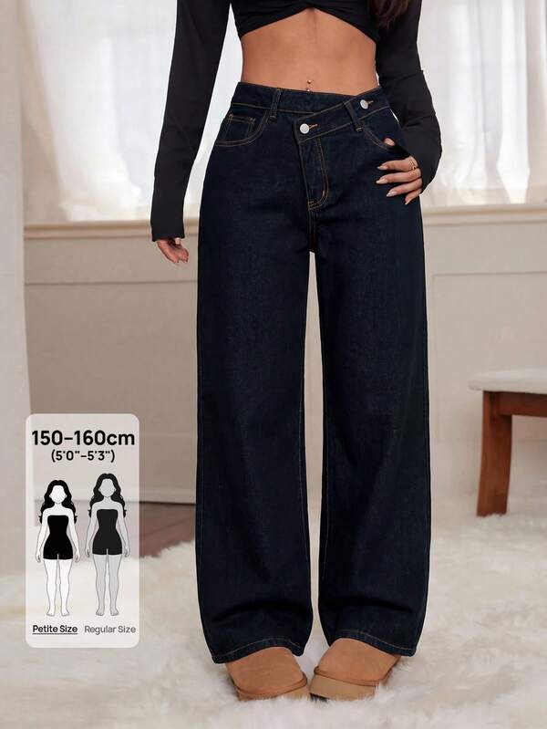 SHEIN PETITE PETITE Women's Casual Washed Asymmetrical Waist Straight Leg Jeans Cowgirl Outfit For Women Fall Winter Work Outfits For Women
