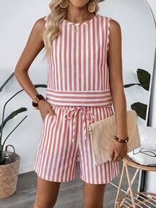 SHEIN LUNE Set de 2 piezas de top de tirantes a rayas y pantalones cortos casuales de verano para mujer - Multicolor - Ver 3