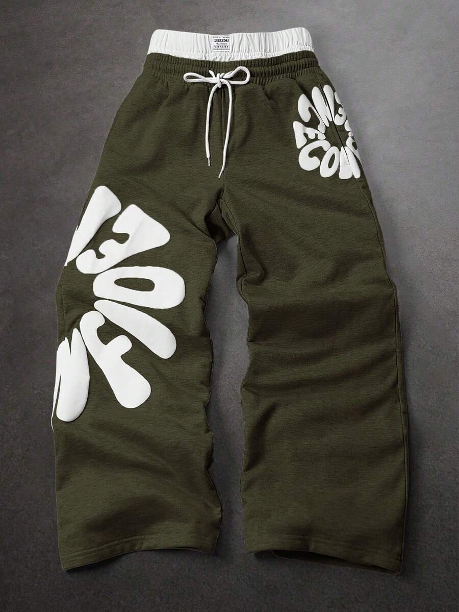 SLATEMANN 男士字母印花對比腰帶運動長褲 - 軍綠色 - 查看 1