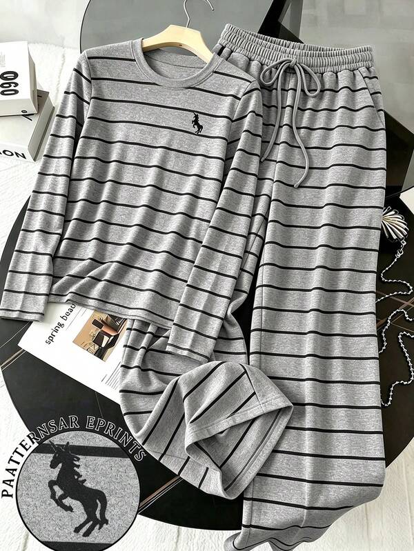 GlowEve Conjunto de 2 piezas de ropa de estar en casa para mujer, camiseta de manga larga con cuello redondo y estampado de rayas & pantalones con bolsillos, casual para el día a día