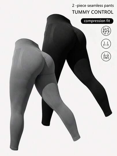 SHEIN Velisys Women's Plus Size Solid Color High Waist Ruched Casual Versatile Daily Wear Sports Leggings 2pcs/Pack