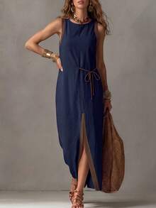 SHEIN Damen Farbblock Split Design Lässig Alltag Sommer Maxikleid - marineblau - Übersicht 4