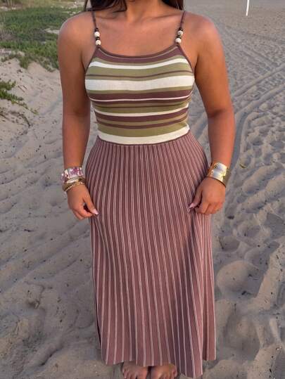 GalTyme Plus Size Women's Chocolate Brown Colorblock Knit Beaded Spaghetti Strap Dress Autumn Vacation Beach Formal Vacation Vacation Casual Traditional