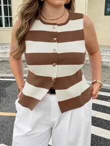 Easura Plus Size Knit Magenta Pink Contrast Color Button Front Top, Elegant & Comfortable - Camel - View 3