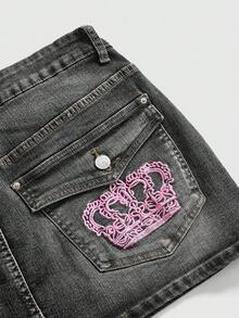 ROMWE Y2K Plus Size Millennium Pink Crown & Bow Embroidered Pattern Vintage Spring/Summer Slimming High Elasticity Denim Mini Skirt (Includes Lining & Built-In Leggings) - Black - View 4