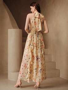 Arave Floral Polka Dot Print Halter Neck Cinched Waist Asymmetrical Hem French Casual Romantic Elegant Design Long Dress Wedding Party Garden Beige Summer - Apricot - View 4