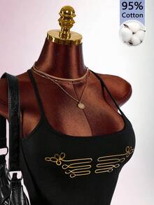 Amplova Black And Gold Foil Spaghetti Strap Sleeveless Fitted Military Style Vintage Sexy Criss-Cross Backless Women's Mini Tank Top Club Night Out Summer - Black and Gold - View 7