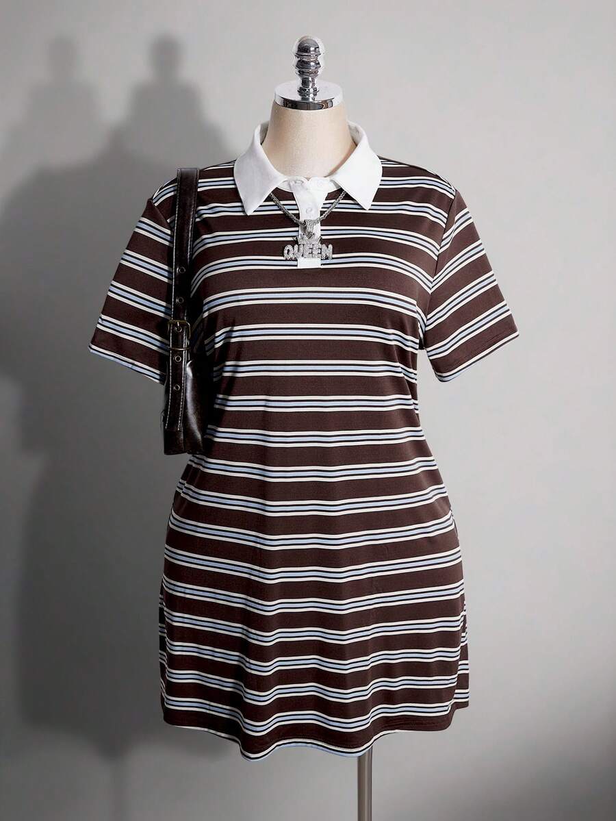 SHEIN ICON 大尺碼復古傳統優雅性感千禧風Y2K簡約休閒返校大學運動風藍棕條紋 Polo 領 T-shirt 洋裝 - 棕色 - 查看 1