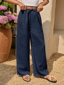青少年女孩白色休閒長褲，抽繩亞麻風沙灘褲，優雅夏季度假陽光休閒波希米亞風白色機場沙灘褲，春季假期 - 藏蓝色 - 查看 3