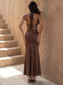 Nevyona Vintage Dark Brown Halter Long Dress, Deep V Lace Patchwork Bodice, Back Tie Open Back Design, Ruched Cinched Waist Mermaid Long Dress, Atmospheric Date Party Fitted Dress - Brown - View 3