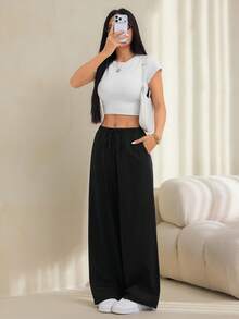 SHEIN PETITE 女款純色腰綁帶口袋長褲，舒適，適合春、夏、秋、冬 - 彩色 - 查看 6