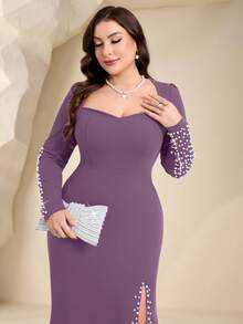 Coutiva Gaun Malam Formal Ukuran Plus Elegan dengan Hiasan Manik-Manik Mutiara Imitasi dan Belahan (Gaya Pengerjaan Berat) - Dusty Purple - View 4