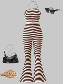 Teen Girls Slim Fit Strapless Bandeau Brown & White Horizontal Striped Knit Textured Jumpsuit, Elastic Skin-Friendly Comfortable Versatile Chic Style For Daily Wear, Outing, Outing, Vacation And Photos - Brown - View 7