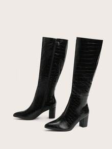 Enchnt Women Crocodile Embossed Side Zipper Chunky Heeled Boots, Fashion Outdoor Boots Dress,Style With Dress - Black - View 4