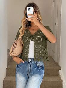 Easowa Kardigan Rajut Lengan Pendek Berongga Gaya Liburan Kasual, Cottage Core, Boho Era 90-an, Warna Hijau Army, Hijau Zaitun Musim Panas - Olive Green - View 4