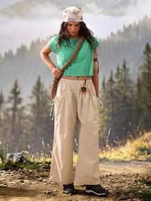 Exploreva Exploreva Women's Solid Color Elastic Waist Pocket Design Loose Wide Leg Outdoor Long Pants - Apricot - View 6