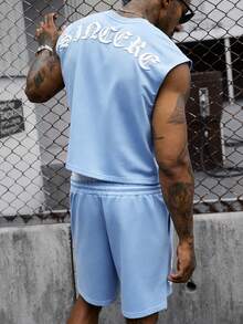 SLATEMANN Men's Summer Casual Letter Print Tank Top And Shorts Set - Baby Blue - View 2