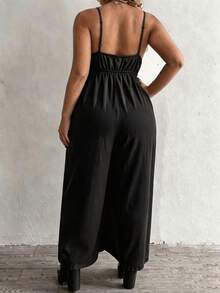 Whyspr Plus Size Dark Style V-Neck Cami Strap Waist-Cinched Long Loose Jumpsuit - Black - View 2
