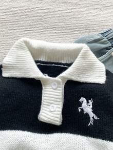 PrepCrw 兒童小男孩優雅學院風休閒針織黑白配色 Polo 領長袖圓領半開襟套頭毛衣，適合上學，秋季穿著 - 黑與白 - 查看 4