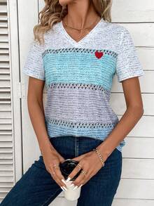 EMERY ROSE V-Neck Color Block Short Sleeve T-Shirt Graphic Tees Women Tops - Multicolor - View 3