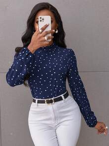 SHEIN Clasi Confetti Heart Print Bishop Sleeve Frilled Neck Blouse Fall Cloth For Women - Navy Blue - View 6