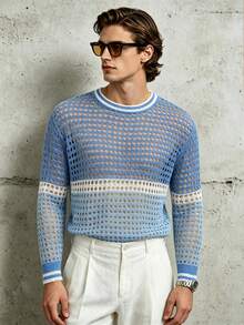 Manfinity Dauomo Men's Colorblock Patchwork Hollow Knit Sweater - Blue - View 5