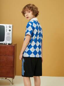 HARRY POTTER X SHEIN Tween Boy Ravenclaw House 1set Badge And Plaid Print Polo Shirt & Shorts - Blue - View 5