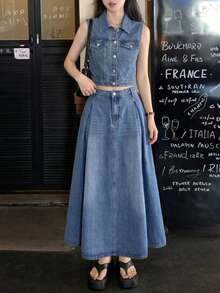 SHEIN 2Pcs Teen Girl Y2k Blue Denim Sleeveless Jacket And Loose-Fitting Comfortable Skirt For Dailywear - Blue - View 1