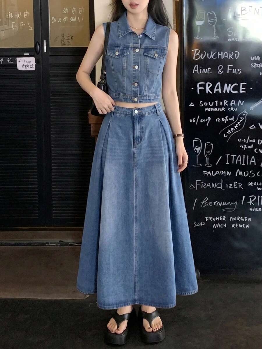 SHEIN 2Pcs Teen Girl Y2k Blue Denim Sleeveless Jacket And Loose-Fitting Comfortable Skirt For Dailywear - Blue - View 1