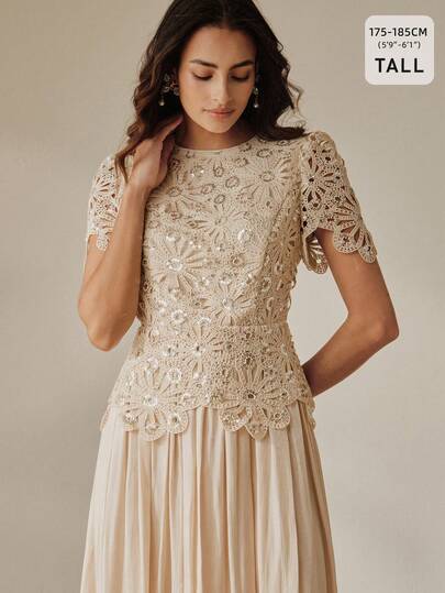 Anewsta Tall Abito elegante da donna primavera/estate con gonna ampia, traforato, floreale, con paillettes e patchwork, adatto per uscite, feste, appuntamenti, matrimoni, vacanze e viaggi