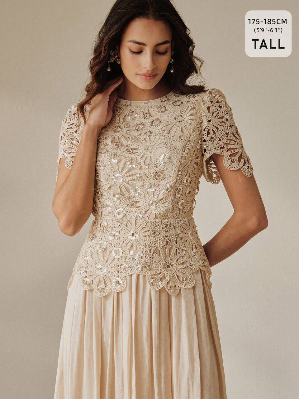 Anewsta Vestido Elegante de Moda Primavera/Verano Nuevo con Falda Completa, Diseño Calado, Floral, Lentejuelas y Patchwork para Mujeres, Adecuado para Salidas, Fiestas, Citas, Bodas, Vacaciones y Días Festivos
