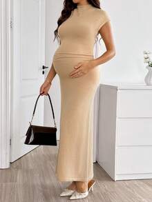 SHEIN Vestido de Suéter Casual de Cor Sólida para Uso Diário, Verão, Outono, Halloween, Casual, Looks para Sair, Outono, Mulheres Grávidas - Castanho - Visão 3