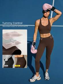 GLOWMODE 24" FeatherFit™-Sculpt Sweat-O-Clock 緊身防捲腹部收腹無前縫側口袋運動褲，低衝擊訓練跑步健身房適用 - 棕色 - 查看 6