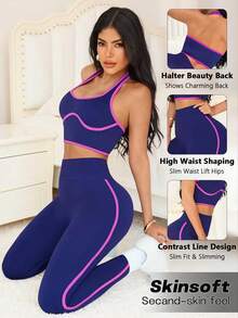 SHEIN Sports 女士休闲运动露背吊带背心和高腰紧身裤套装 - 粉色 - 查看 2