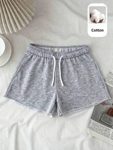SHEIN Pantalones cortos casuales ajustados de punto de unicolor para niña preadolescente - Gris - Ver 4