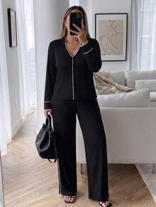 Weeklong Set Pakaian Santai Rumahan Wanita Ukuran Besar Musim Gugur/Dingin dengan Trim Kontras - Hitam - View 4