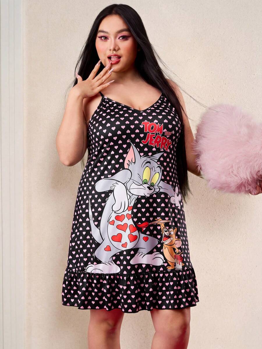 TOM & JERRY X SHEIN 加大码情人节性感爱心卡通图案吊带宽松黑色睡裙,Moo Moo睡衣 - 黑色 - 查看 1