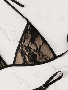 Bonvoyette Summer Beach Deep V Lace Sexy Lace-Up Bikini Swimwear Set - Black - View 5