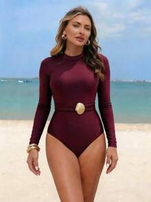 Swim Shayni 純色中東保守優雅女款三件式泳衣，附飾邊裝飾 - 酒紅色 - 查看 5