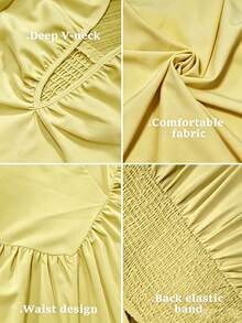 Maweii Women's Plus Size Elegant Pale Yellow Solid Color Fabric Halter Neck Design Ruched Chest Design Deep Shirred Back Tie Bow Backless Design Back Gathered Elastic Band Asymmetric Hem Design Yellow Dress Fashion Versatile Outing Party Gathering Night Date - Pale Yellow - View 8