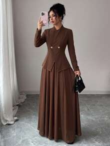 Elenzga Spring Autumn Winter Elegant Stand Collar Waist-Cinching Coffee Color Blazer & Pleated Long Skirt 2-Piece Set For Wedding Party Commute, Romantic Exquisite Women's Outfit - Coffee Brown - View 3