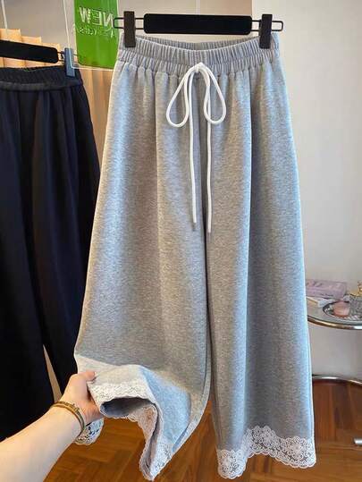 SHEIN Elenzya 女款抽繩腰蕾絲飾邊休閒日常寬腿運動長褲