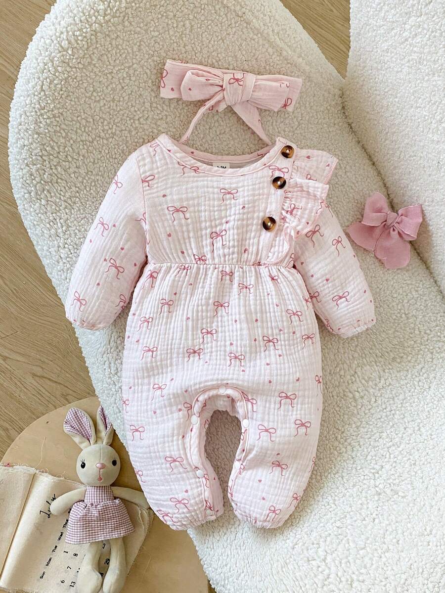 SHEIN Playful Pals Newborn Baby Girl Pink Heart & Bow Pattern Round Neck Long Sleeve Romper - Pink - View 1
