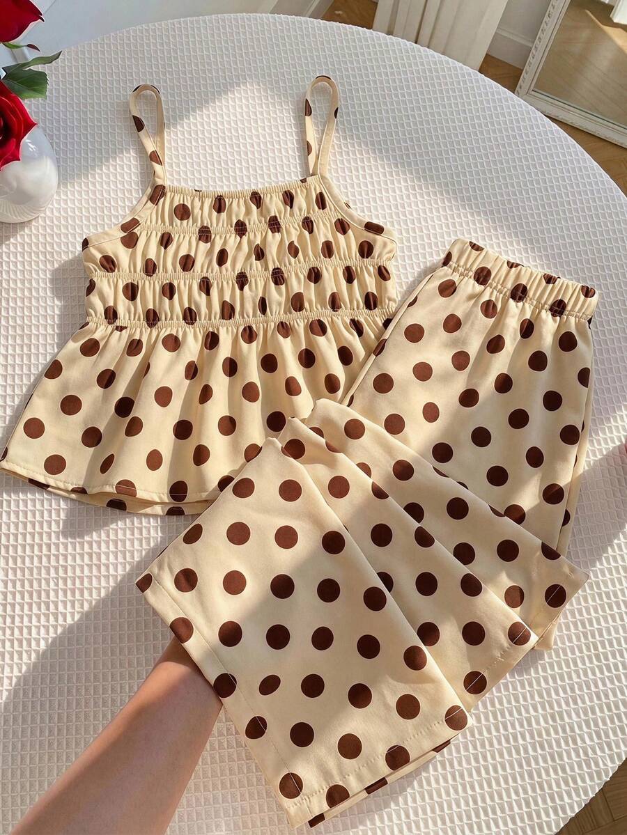 SHEIN 少女夏季時尚波點印花細肩帶背心與長褲套裝 - 彩色 - 查看 1