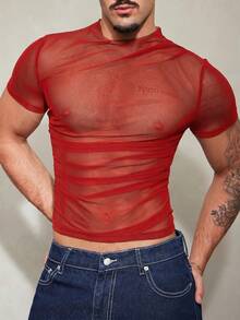 FeverCity Men's Solid Color Mesh Short Sleeve Slim Fit T-Shirt - Red - View 6