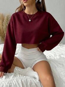 SHEIN EZwear 女款休閒百搭純色短版運動衫 - 酒紅色 - 查看 6