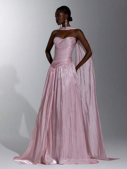 Elitara Elegant Romantic Fashion Sexy Sophisticated Pink Organza Fabric Pleated Decor Cup Front Slit Extra Large Skirt Elegant Party Dress Party Vacation Birthday Wedding Guest Dress Bachelorette Party Dress Formal Evening Gown