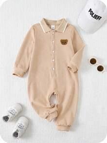 SHEIN 新生兒男嬰/女嬰秋冬款可愛卡通圖案 Polo 領長袖連身衣 - 卡其色 - 查看 5