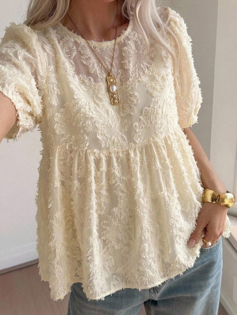 FRIFUL Women Cutout Floral Vintage Peter Pan Collar Summer Shirt,Ruffle - Apricot - View 1