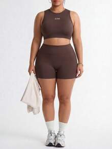 SHEIN Unity Women's Plus-Size Athletic Set: Coffee-Colored Tank Top And Shorts With Letter Print-Yoga & Fitness - Coffee Brown - View 4